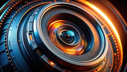 Poster - A Close-Up View of a Futuristic, Metallic Lens with Glowing Orange Details