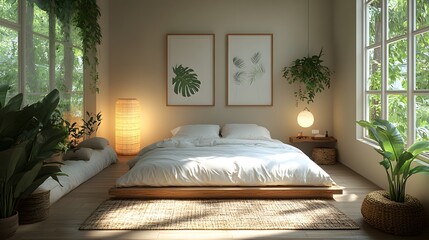 Poster - Frame mockup nestled a contemporary nomadic bedroom seen from a bird'seye view capturing the layout and design details emphasizing the harmony of textures and light in this 3D render light background