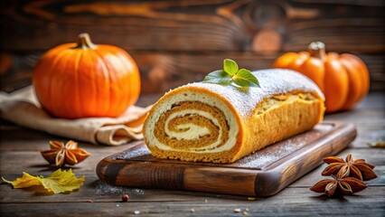 Poster - A slice of pumpkin roll with a sprinkle of powdered sugar and a sprig of mint, resting on a wooden cutting board, surrounded by the warm hues of fall.
