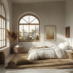Poster - Frame mockup positioned minimalist nomadic bedroom with woven accents captured from a side angle that highlights the interplay of shadows and light against a serene light background in this 3D render