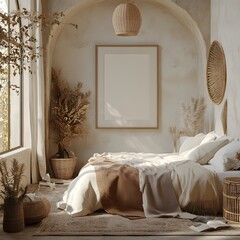Poster - Frame mockup showcased contemporary nomadic bedroom interior soft textiles earthy tones viewed from a slightly elevated angle highlighting the unique decor elements in this 3D render light background