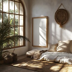 Poster - Frame mockup positioned minimalist nomadic bedroom with woven accents captured from a side angle that highlights the interplay of shadows and light against a serene light background in this 3D render