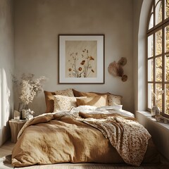 Poster - Frame mockup showcased contemporary nomadic bedroom interior soft textiles earthy tones viewed from a slightly elevated angle highlighting the unique decor elements in this 3D render light background