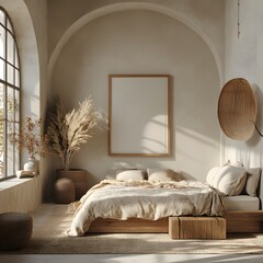 Poster - Frame mockup showcased contemporary nomadic bedroom interior soft textiles earthy tones viewed from a slightly elevated angle highlighting the unique decor elements in this 3D render light background