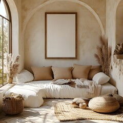 Poster - Frame mockup showcased contemporary nomadic bedroom interior soft textiles earthy tones viewed from a slightly elevated angle highlighting the unique decor elements in this 3D render light background