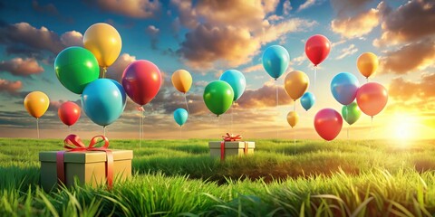 Poster - Gifts and Balloons Floating in a Lush Green Meadow Under a Dramatic Sunset