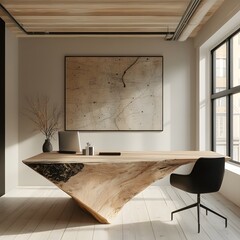 Poster - Minimalist workspace design featuring a natural wood console and black chair captured from a diagonal angle to showcase the layout and interplay of light across the surfaces