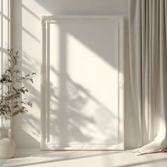 Fototapete - Mockup white poster frame seen from a low angle against a bright light background creating a dramatic effect while emphasizing the simplicity and elegance of the design in this 3D render