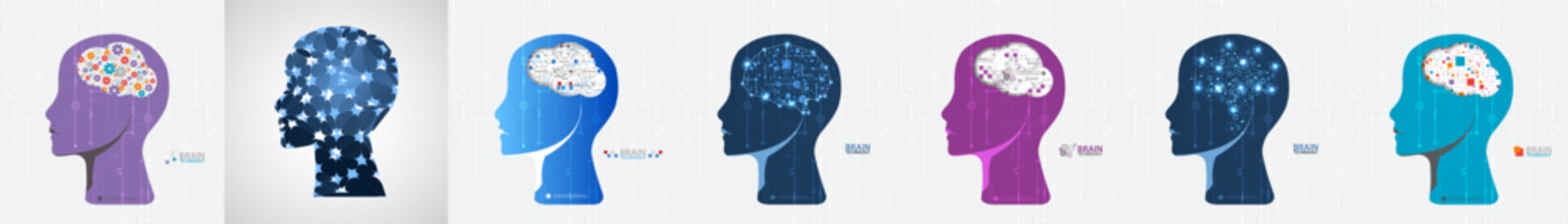 Leinwandbilder - Collection of seven android heads. Image of artificial intelligence. Vector.