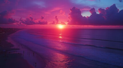 Canvas Print - Vibrant sunset beach aerial, ocean waves, people