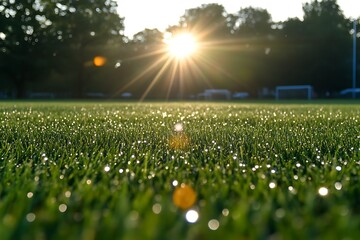 Wall Mural - Dew-kissed Grass Field at Sunrise