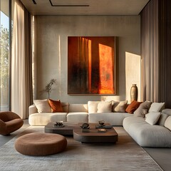 Fototapete - Modern living room with earthy tones and abstract art captured from a diagonal angle to highlight the furniture arrangement and cozy atmosphere of the inviting space