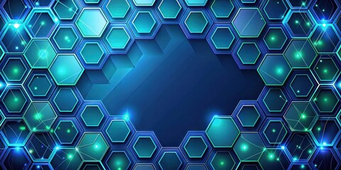 Poster - Abstract Geometric Pattern of Interconnected Hexagon Shapes with Glowing Lines and a Dark Blue Background