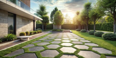 Aufkleber - A modern home with a lush, green lawn and a hexagonal stone pathway leading towards a serene garden.