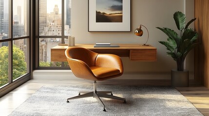 Poster - Natural wood desk and stylish chair in a serene workspace setting viewed from a side angle showcasing the balance of minimalist decor and functionality in a cozy home office