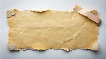 Aufkleber - A weathered, creased piece of paper with a torn edge and a section of tape holding it down. The background is a plain white surface, creating a stark contrast.
