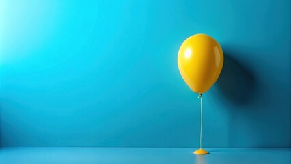 Poster - A single yellow balloon tied to a string sits on a blue surface, its reflection creating a puddle of yellow