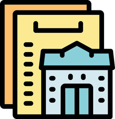 Poster - Architectural project showing clipboard with blueprint and building, ideal for architecture, construction and design themes