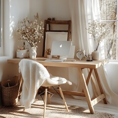 Poster - Natural wood desk elegantly paired with a stylish chair adorned with minimalist decor captured from a frontal angle to showcase the peaceful workspace atmosphere at home