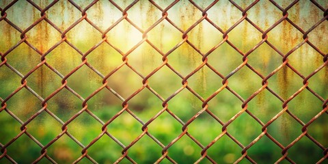 Poster - A Rusty Chain Link Fence with a Blurred Background of Lush Green Foliage and a Sunlit Sky