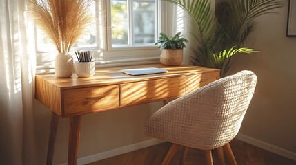 Poster - Natural wood desk paired with a stylish chair and minimalist decor captured from a diagonal angle to create depth and highlight the tranquil workspace ideal for creativity