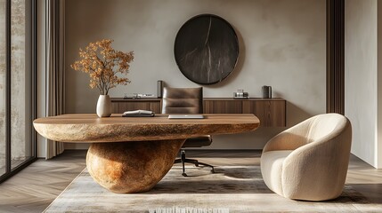 Poster - Natural wood desk paired with a stylish chair and minimalist decor captured from a diagonal angle to create depth and highlight the tranquil workspace ideal for creativity
