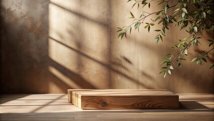 Poster - Natural Light Illuminates Wooden Platform with Branch Shadow