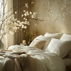 Poster - Serene view of a harmonized bedroom featuring elegant wallpaper a modern bed adorned with stylish sheets and a cozy blanket complemented by flowers in a vase and tasteful decorations Template
