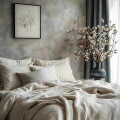 Poster - Serene view of a harmonized bedroom featuring elegant wallpaper a modern bed adorned with stylish sheets and a cozy blanket complemented by flowers in a vase and tasteful decorations Template