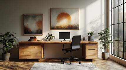 Fototapete - Serene workspace featuring a natural wood console and black chair captured from a corner angle to illustrate the harmony of the minimalist design and mockup paintings on the wall