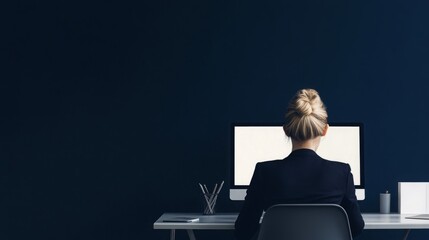 Wall Mural - Capture a stylish woman in business dress deeply focused on work, setting stark navy background paper, blank computer screen, movie, corporate brochure images
