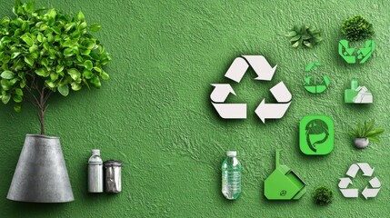 Poster - A collage of recycling symbols and eco-friendly icons on a textured green background.