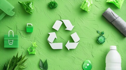 Poster - A collage of recycling symbols and eco-friendly icons on a textured green background.