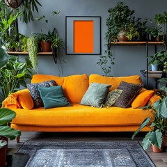 Poster - Spacious living room interior captured from a side angle featuring a stylish boucle sofa vibrant decorations shelves with plants and a prominent mockup poster adding a pop of color