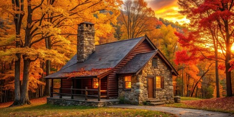 Poster - A cozy log cabin nestled amongst vibrant autumn foliage, bathed in the warm glow of the setting sun.