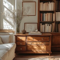 Poster - Stylish and warm living room interior with a brown sideboard books and casket captured from a diagonal angle to showcase the overall ambiance and inviting arrangement with copy space