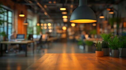 Poster - Modern office interior, warm lighting, empty wooden table