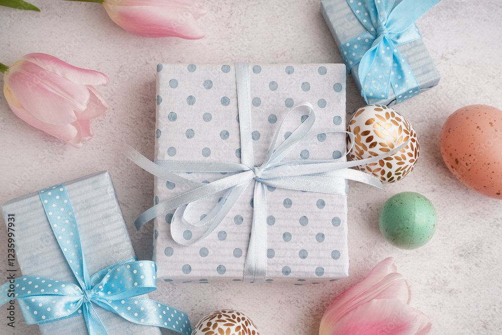 Painted Easter eggs with gift boxes and tulip flowers on white grunge background