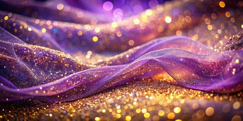 Wall Mural - Sparkling Purple Fabric Draped over a Golden Glitter Background with a Soft and Dreamy Bokeh Effect