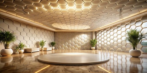 Poster - Modern Interior Design with Geometric Hexagon Pattern Walls and Ceiling, Featuring a Central Circular Platform and Green Plants