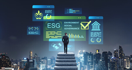 Poster - Businessman standing on steps, analyzing ESG holographic element