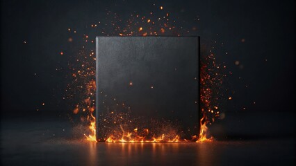 Poster - A Black Square Engulfed in Flames, Sparks Fly and Glow in a Dark and Dramatic Setting
