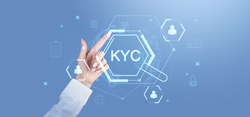 Poster - businesswoman interacting with virtual kyc holographic interface on blue background.