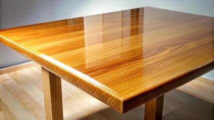 Fototapete - Close-up of a wooden table with a smooth, polished finish that reflects the light, showcasing the natural beauty of the wood grain.