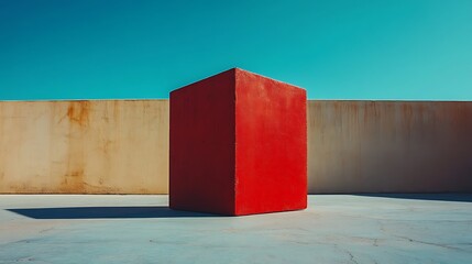 Aufkleber - Red cube sculpture against cream colored walls. Outdoor art display