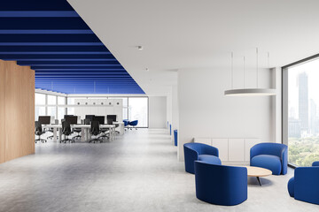 Poster - Modern office interior with blue accents and open workspace design. 3D Rendering