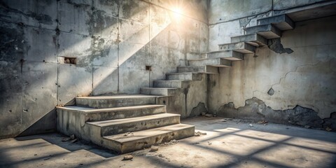 Aufkleber - A stark concrete staircase leading up to a sunlit opening in an abandoned building with peeling paint and crumbling walls.