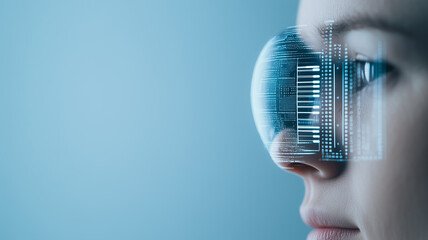 Poster - Digital Vision: A close-up profile of a person wearing futuristic eyewear displaying holographic data.