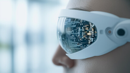 Poster - Vision of the Future: Close-up of a woman wearing futuristic augmented reality glasses, showcasing a glimpse into a world of digital overlays and interconnected data.