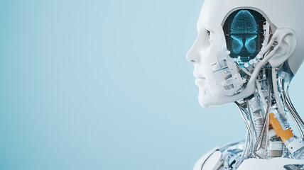 Poster - Android's Inner Workings: A detailed profile view of a humanoid robot, its translucent skull revealing intricate internal circuitry and a glowing cyan core.